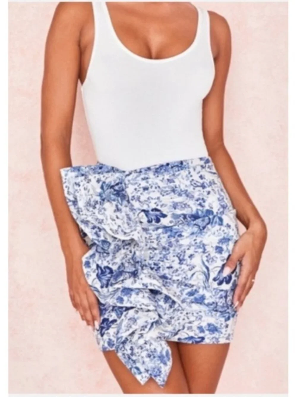 House of CB London Blue White Floral Draped Mini Skirt Size M High Waist Stateme